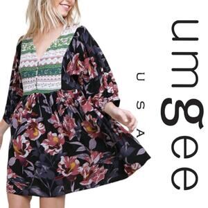 Umgee Floral Mixed Print Peasant Dress Size Small